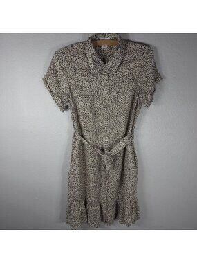 Japna Leopard Print Button-Front Midi Dress Size S Drawstring Waist Tan Collared